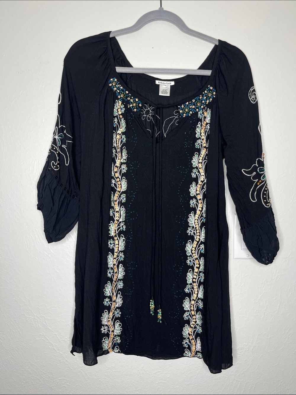 Krista Lee Black Embellished Blouse - Size S Boho Embroidered Beaded